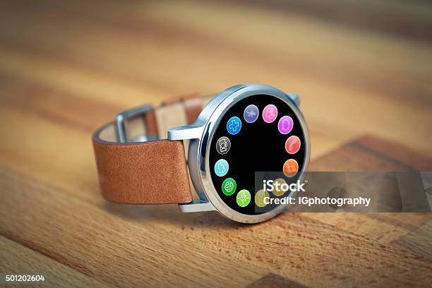 Steel Smartwatch With Apps On Screen Stock Photo - Download Image Now - Smart Watch, 2015, Arts Culture and Entertainment