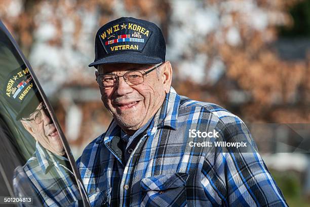 Wwii And Korean War Military Veteran Reflection Stock Photo - Download Image Now - Veteran, Baseball Cap, Men