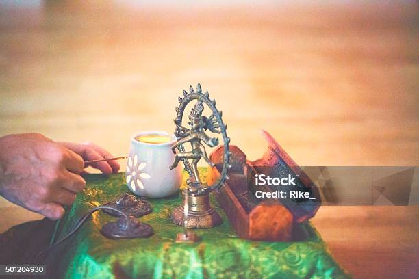 Yoga Altar With Light And Shiva Sculpture Stock Photo - Download Image Now - 2015, Altar, Art
