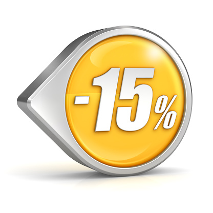 Discount sale 15% yellow icon with pointer. 