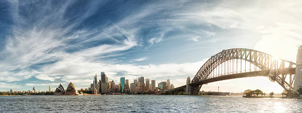 sonnenuntergang in sydney panorama - australian culture scenics australia panoramic stock-fotos und bilder