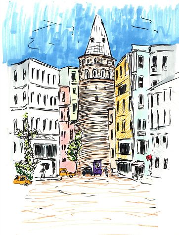 Galata Tower in Istanbul, Turkey, colored painting