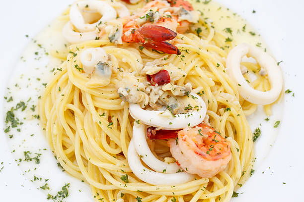 istock Delicious Spaghetti with Seafood on white plate 501207961