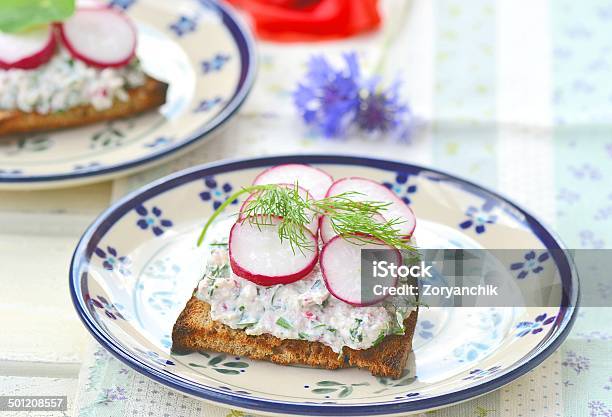 Canape With Farmer Cheese And Radish Stock Photo - Download Image Now - Appetizer, Bread, Canape