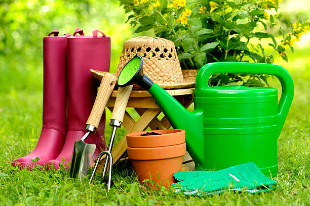 istock Gardening tools on green background and grass 501210495