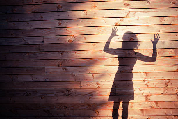 The shadow of a young woman on a wooden cabin