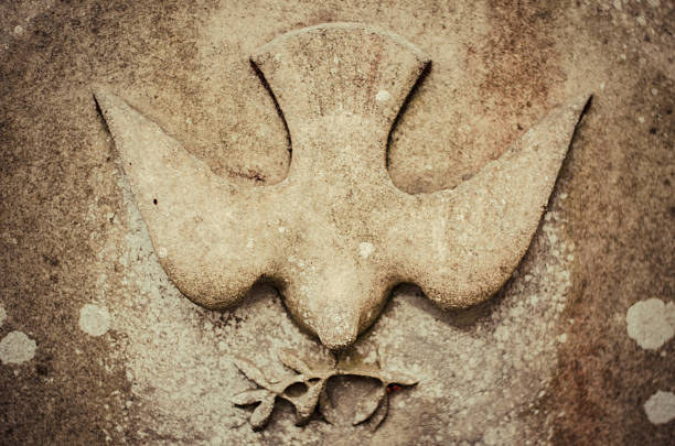 Holy Peace Relief on stone of a dove with a twig, the Christian symbol of the Holy Spirit, as well as symbolic rebirth and traditional secular symbol for peace. religious institutions stock pictures, royalty-free photos & images