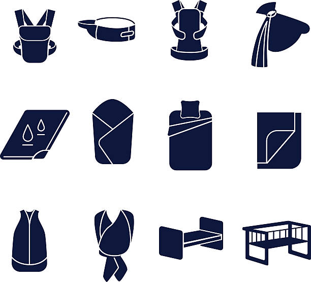 Flat icons set for carrying a baby and sleeping There are accessories for carrying a child. Furniture and accessories for sleeping for child baby carrier stock illustrations