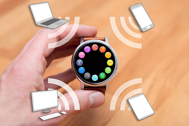 istock Hand Holding Smart Watch Connected to Devices 501222094