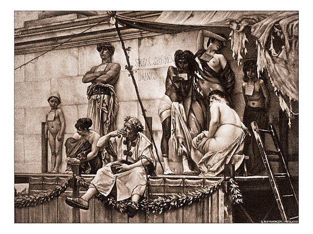 Antique illustration of "A maquignon of slaves in Rome" by Boulanger Antique illustration of "A maquignon of slaves in Rome" by Boulanger slave market stock illustrations