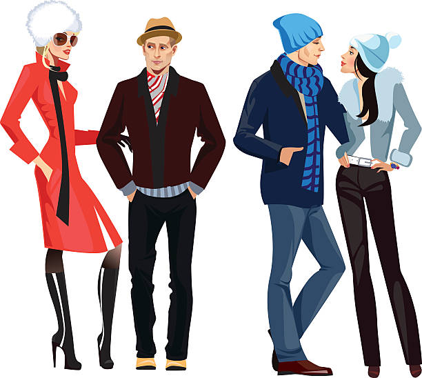 men and women in winter clothes vector art illustration