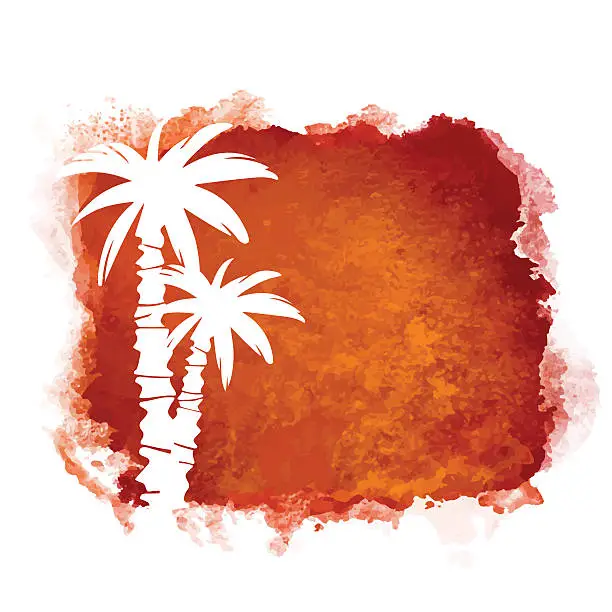 Vector illustration of Watercolor square paint stain and coconut palm trees