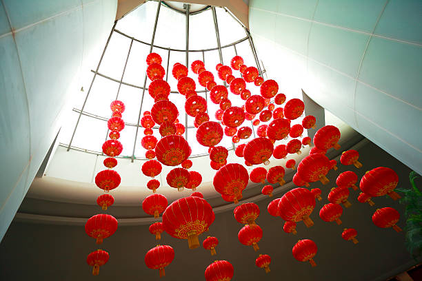 istock Looking up red Chinese lanterns hanging in Interior 501224460