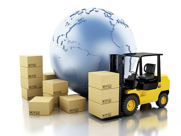 istock 3d Earth globe with cardboard boxes. Delivery business concept. 501224840