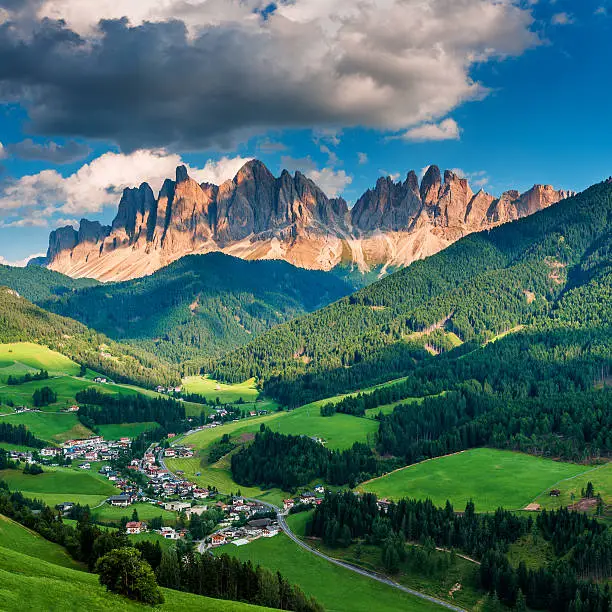 Italian Alps in Funes walley, Dolomites Location Santa Magdalena, Trentino - Alto Adige