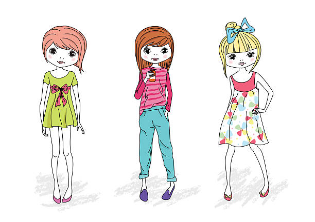 ilustrações, clipart, desenhos animados e ícones de pouco meninas moda - computer graphic multi colored little girls teenage girls