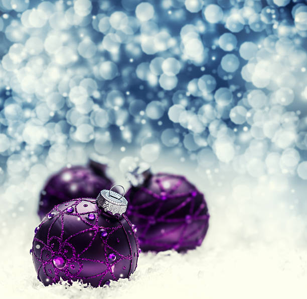 istock Christmas purple balls snow and space abstract background. 501228922
