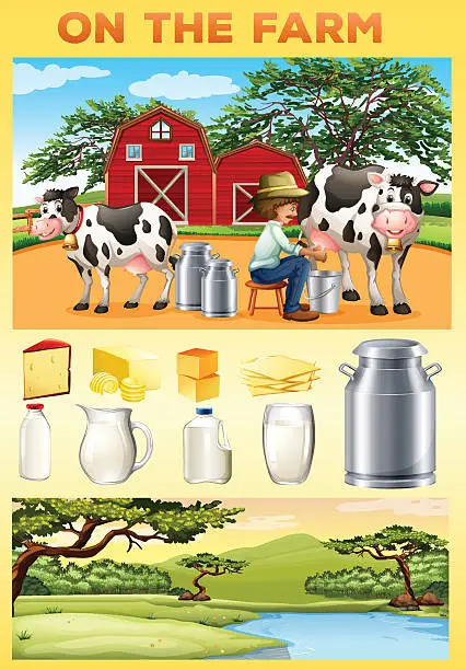 Vector illustration of Farm theme with farmer and dairy products