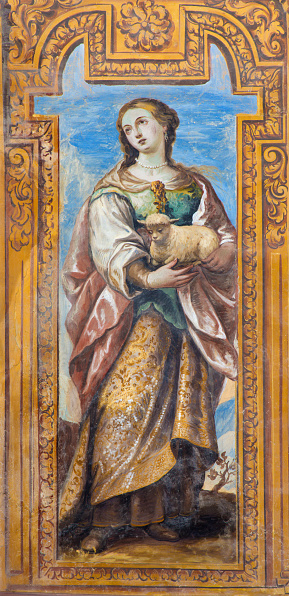 Granada - The baroque fresco of early christian  virgin–martyr Saint Agnese in nave of church Monasterio de San Jeronimo by Juan de Medina from 18. cent.