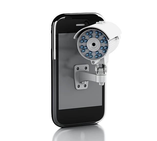 3 d смартфон с cctv камеры. мобильные концепция обеспечения безопасности. - video three dimensional shape surveillance watching стоковые фото и изображения