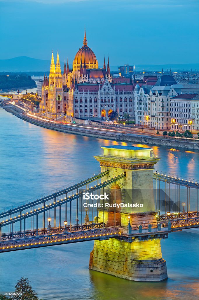 Budapest. Image of hungarian parliament and Chain Bridge in Budapest during twilight blue hour. Budapest Stock Photo