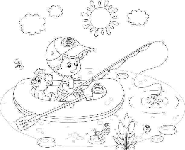 illustrations, cliparts, dessins animés et icônes de little fisher - nautical vessel fishing child image