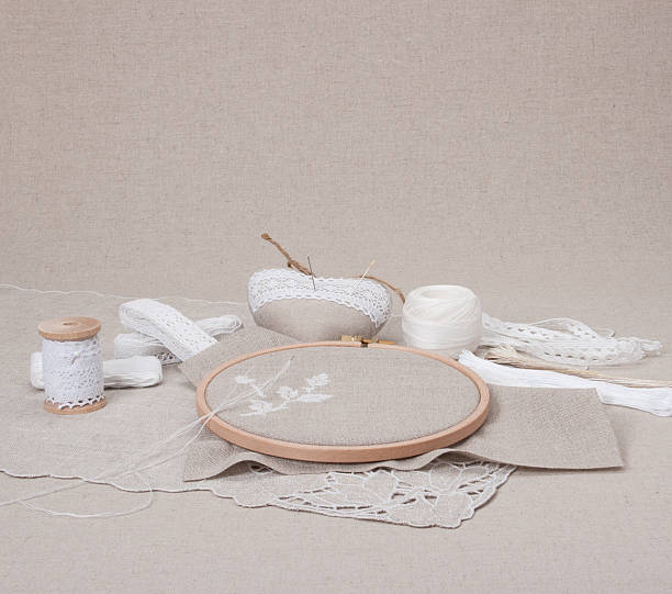 istock Sewing And Embroidery Craft Kit. Natural Linen Background 501238397