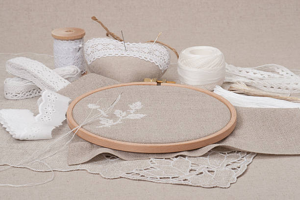 istock Sewing And Embroidery Craft Kit. Natural Linen Background 501238401
