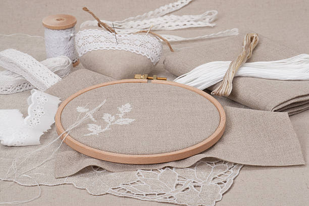 istock Sewing And Embroidery Craft Kit. Natural Linen Background 501238403