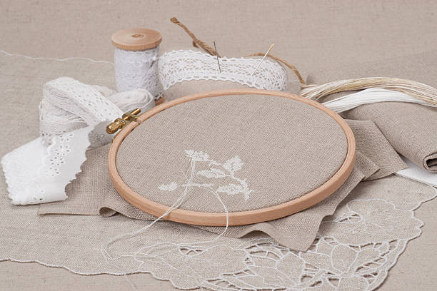 istock Sewing And Embroidery Craft Kit. Natural Linen Background 501238407