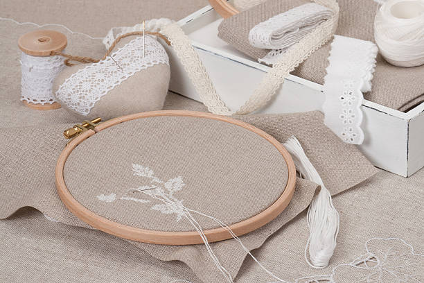 istock Sewing And Embroidery Craft Kit. Natural Linen Background 501238415