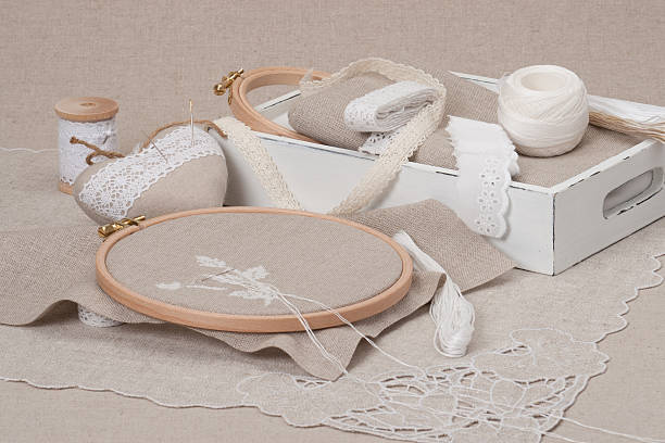istock Sewing And Embroidery Craft Kit. Natural Linen Background 501238417