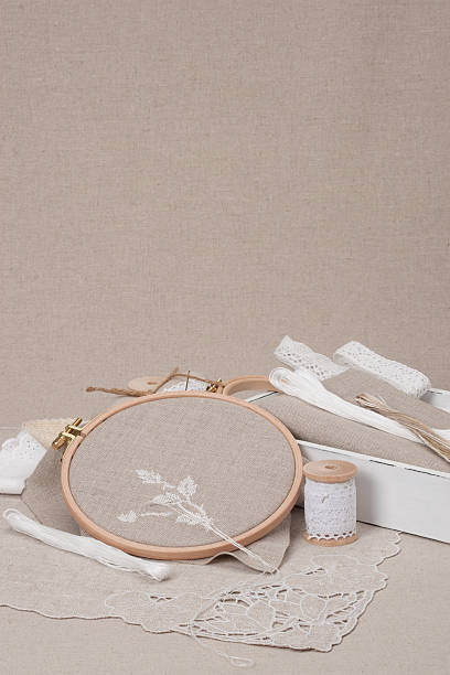 istock Sewing And Embroidery Craft Kit. Natural Linen Background 501238421