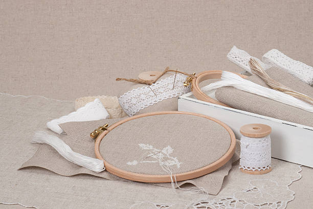 istock Sewing And Embroidery Craft Kit. Natural Linen Background 501238423