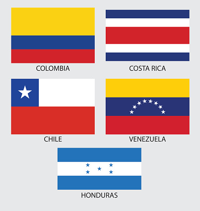 Illustration of several central and South American flags. File and elements organized for easy editing.