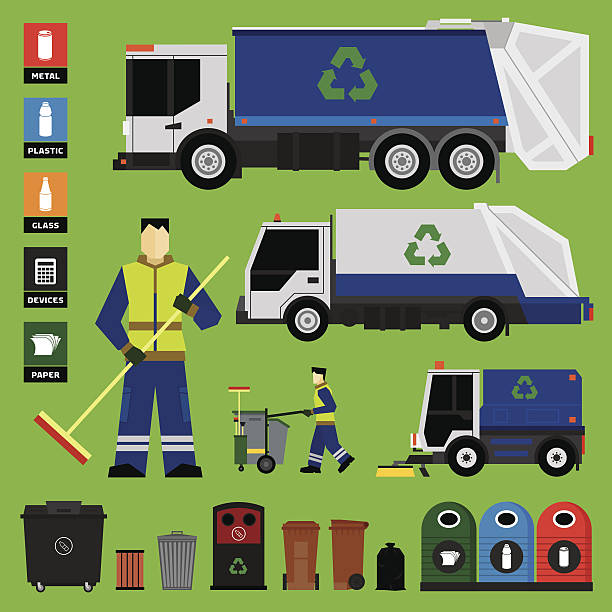 illustrazioni stock, clip art, cartoni animati e icone di tendenza di riciclaggio dei rifiuti - camion