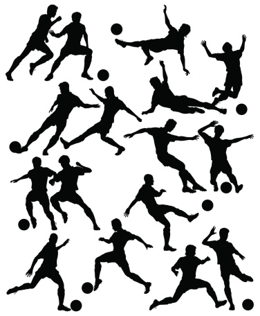 Set of editable vector silhouettes of men playing football with all figures as separate objects