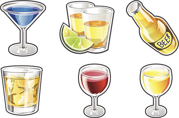 Alcoholic Beverages This is a collection of alcoholic drinks with images like a martini, tequila shots, red wine, white wine, chardonnay, beer, rocks glass and lime. tequila slammer stock illustrations