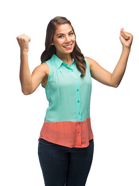 istock Young latin woman with arms raised 501240303