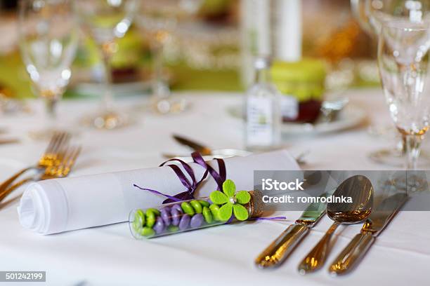 Elegant Table Set In Lilac And Green For Wedding Party Stock Photo - Download Image Now