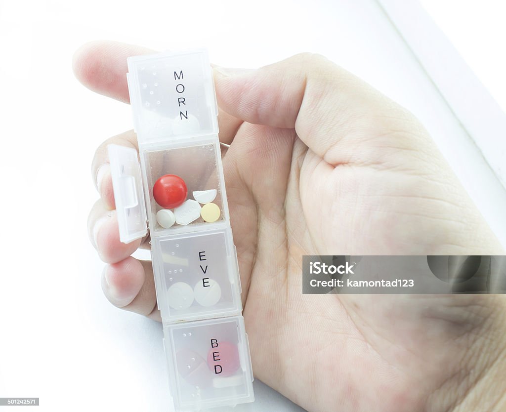 Medicine in pill box . Medicine in pill box in hand. Medicine Stock Photo