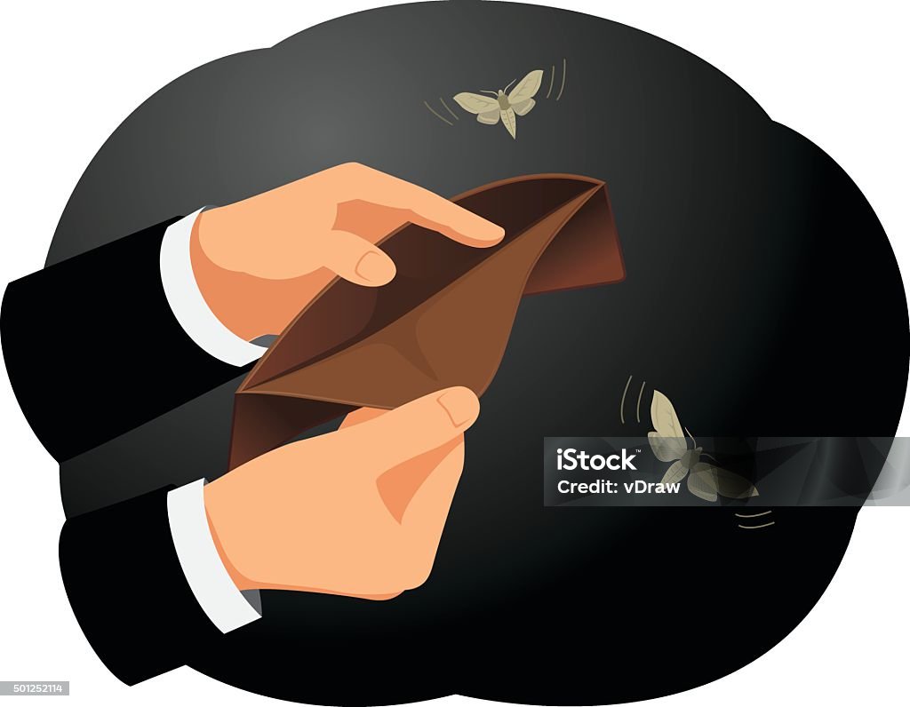 Empty wallet Hands are holding an empty wallet. Moths flying around. Finance and economy. Empty Wallet stock vector