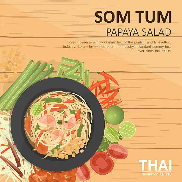Vector illustration of Som Tum ,Thai Green papaya salad , with ingredients
