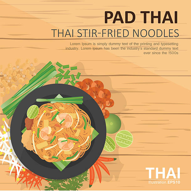 Pad Thai ,Thai style stir-fried noodles , with ingredients vector illustration design of Thai food,Pad Thai ,Thai style stir-fried noodles , with ingredients, top view pad thai stock illustrations