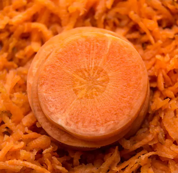bright orange circle, on the carrot flakes