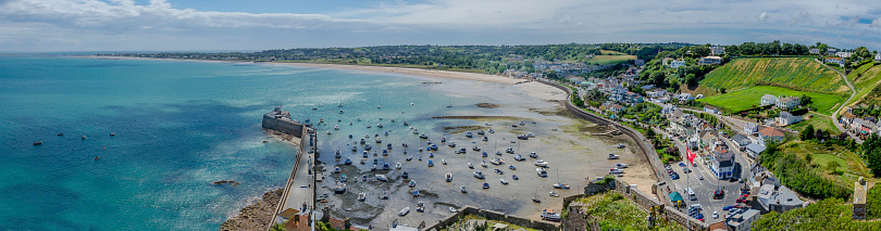 Aerial viewpoint of Gorey Harbour and town on the Channel Isle of Jersey
