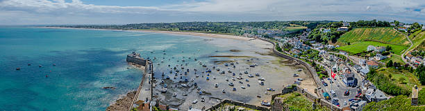 Gorey Harbour Panoramic Aerial viewpoint of Gorey Harbour and town on the Channel Isle of Jersey channel islands england stock pictures, royalty-free photos & images
