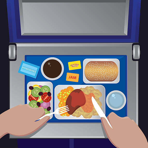 Dinner on the plane from first view The man has dinner on the plane, first person view - airline meal concept airplane food stock illustrations