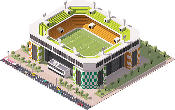 Vector isometric soccer arena Isometric icon representing football stadium facade stock illustrations