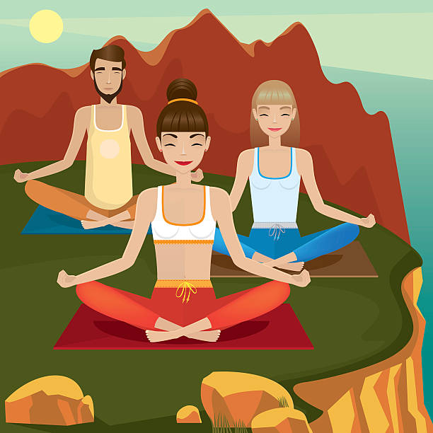 сторонники практика йоги на открытом воздухе - yoga challenge for 3 stock illustrations